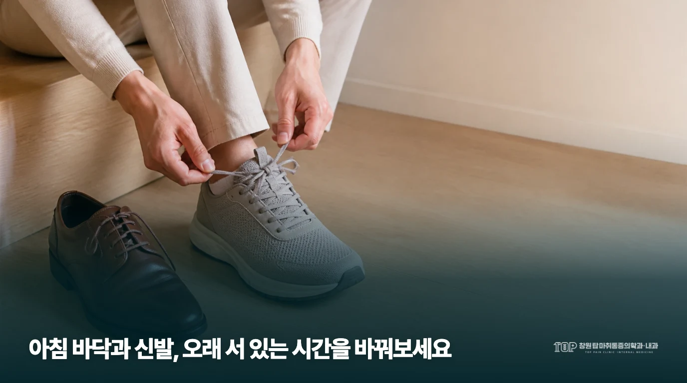 앉아서 운동화 끈을 조절하는 생활 장면