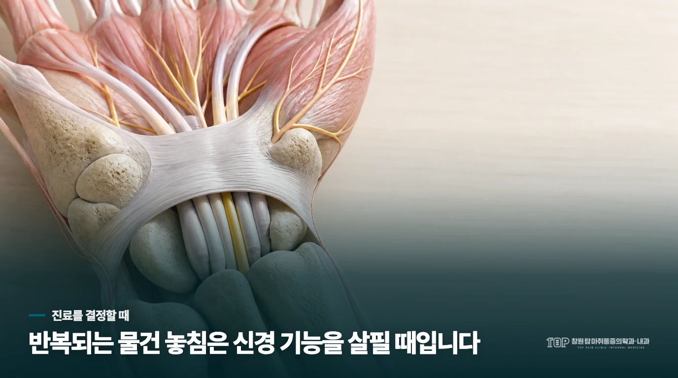 컵을 놓치는 손이라면 통증보다 기능 평가를 앞세웁니다