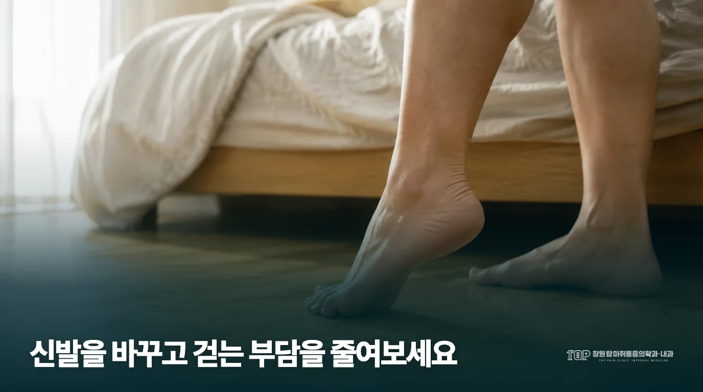 침대 가장자리에서 바닥에 발을 딛는 생활 장면