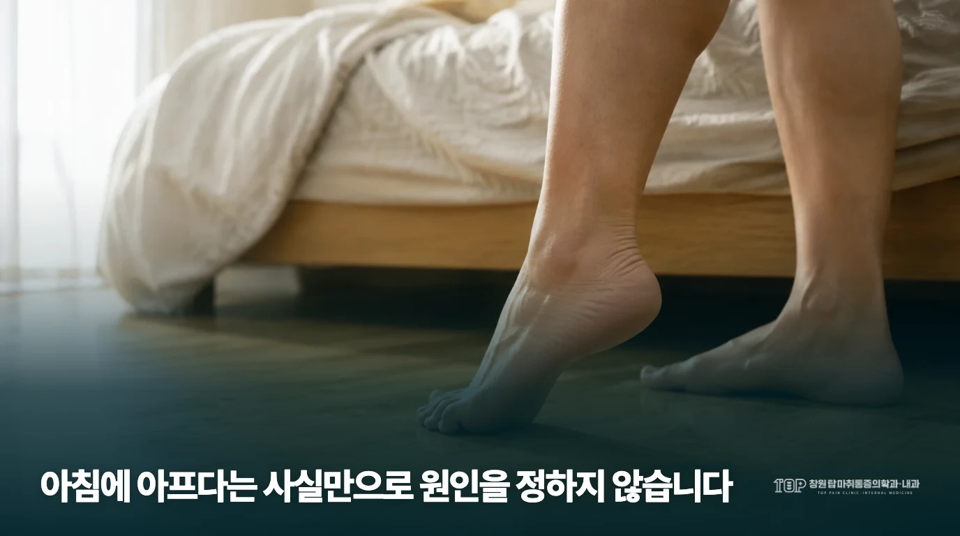 침대 옆에서 발을 바닥에 내려놓는 하체 근접 장면