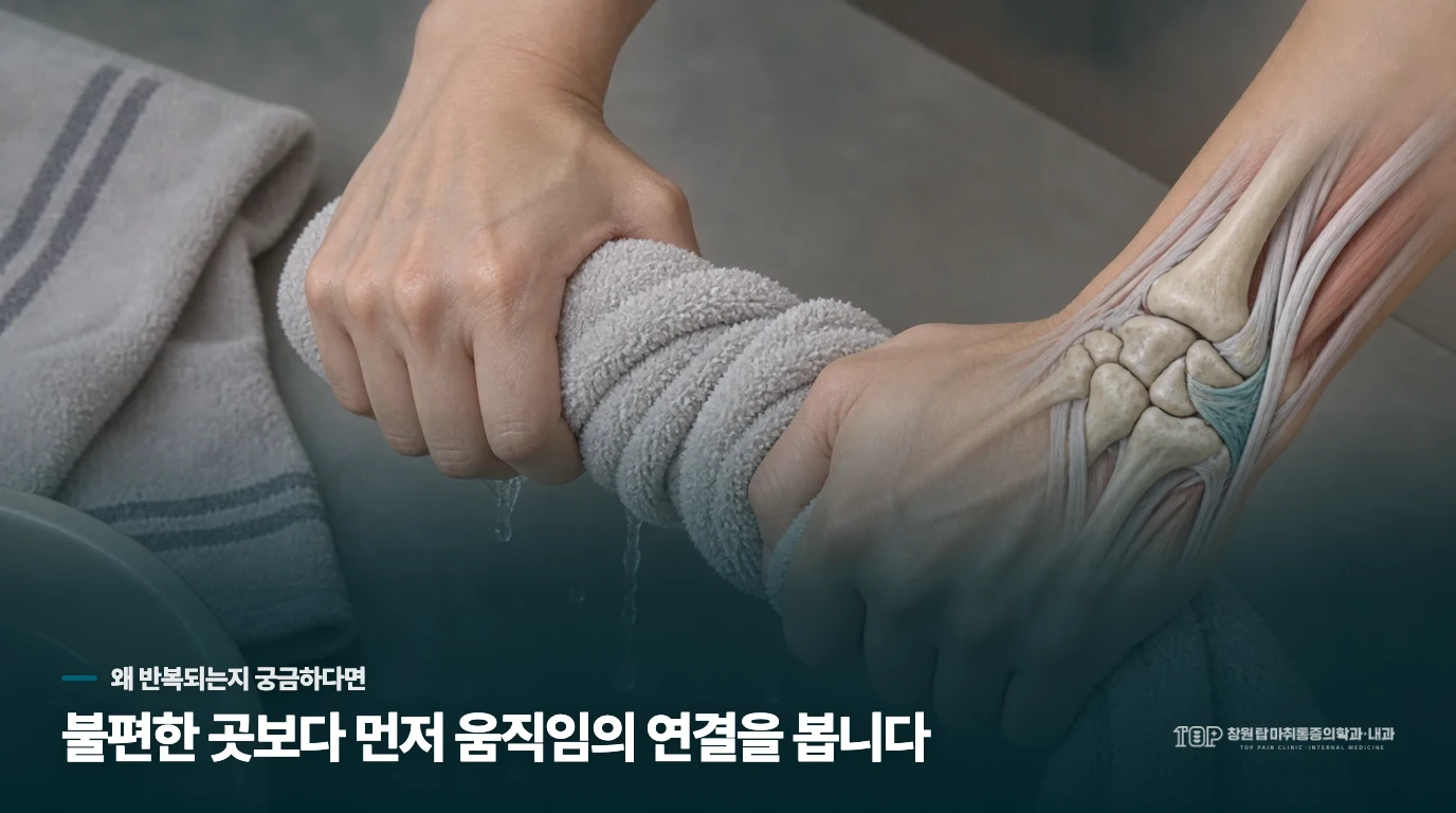 수건을 짤 때 새끼손가락 쪽이 아픈 이유
