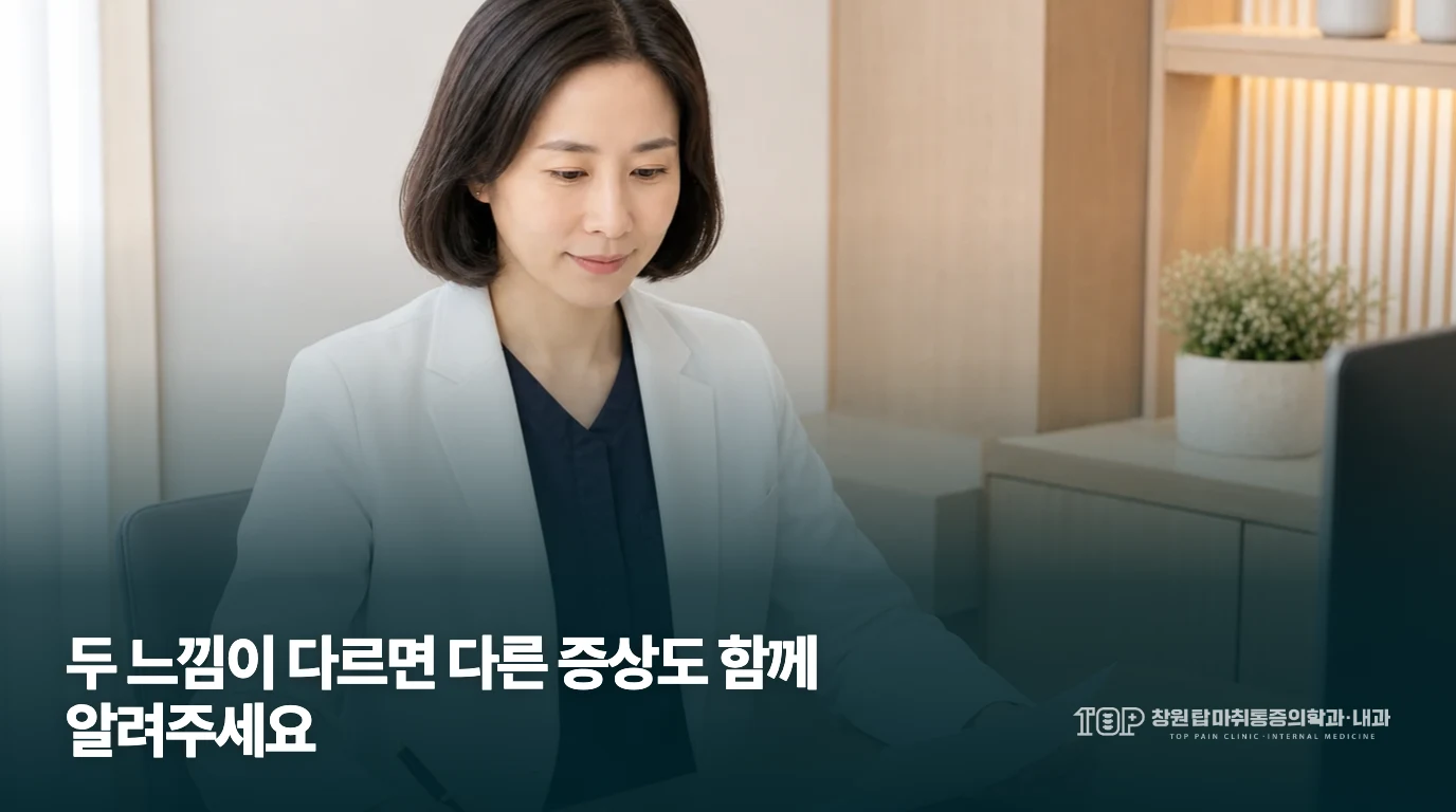 발 통증에 관한 내용을 정리하는 창원탑의 승인 의료진 사진