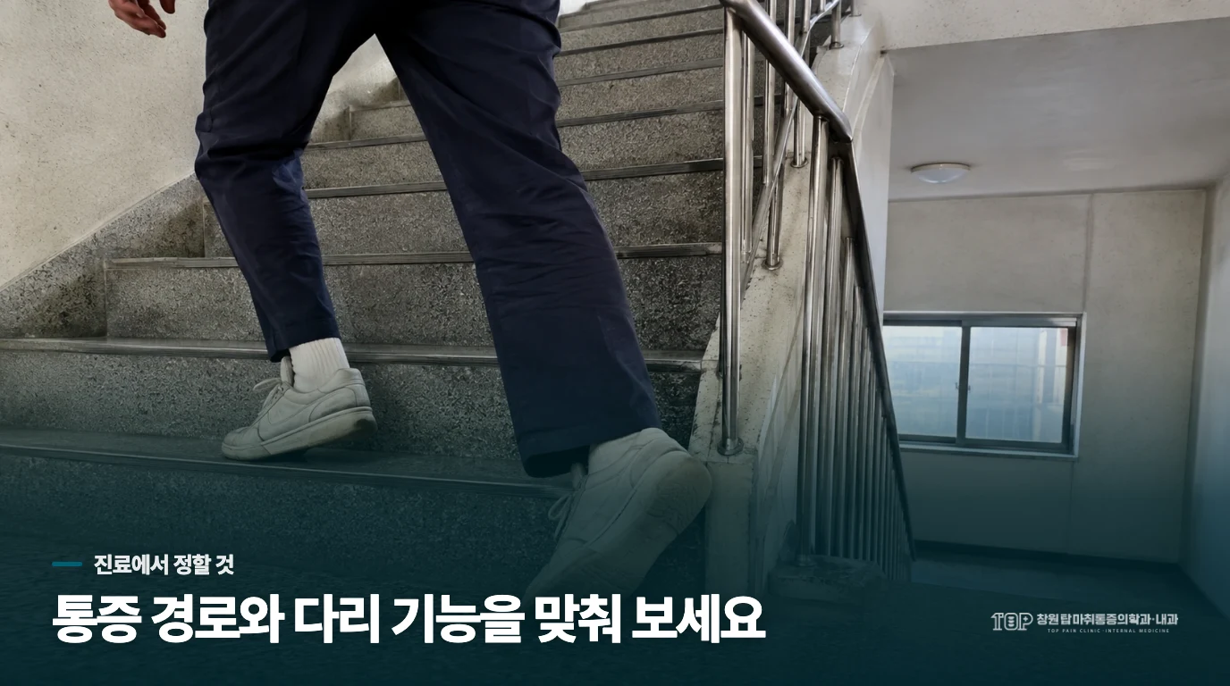 진료에서는 통증 경로와 다리 기능을 맞춰 봅니다