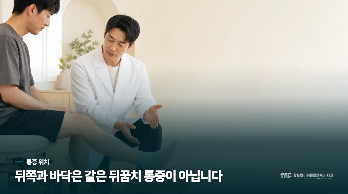 까치발에서 아픈 곳이 뒤꿈치 뒤쪽인지 발바닥인지 구분합니다