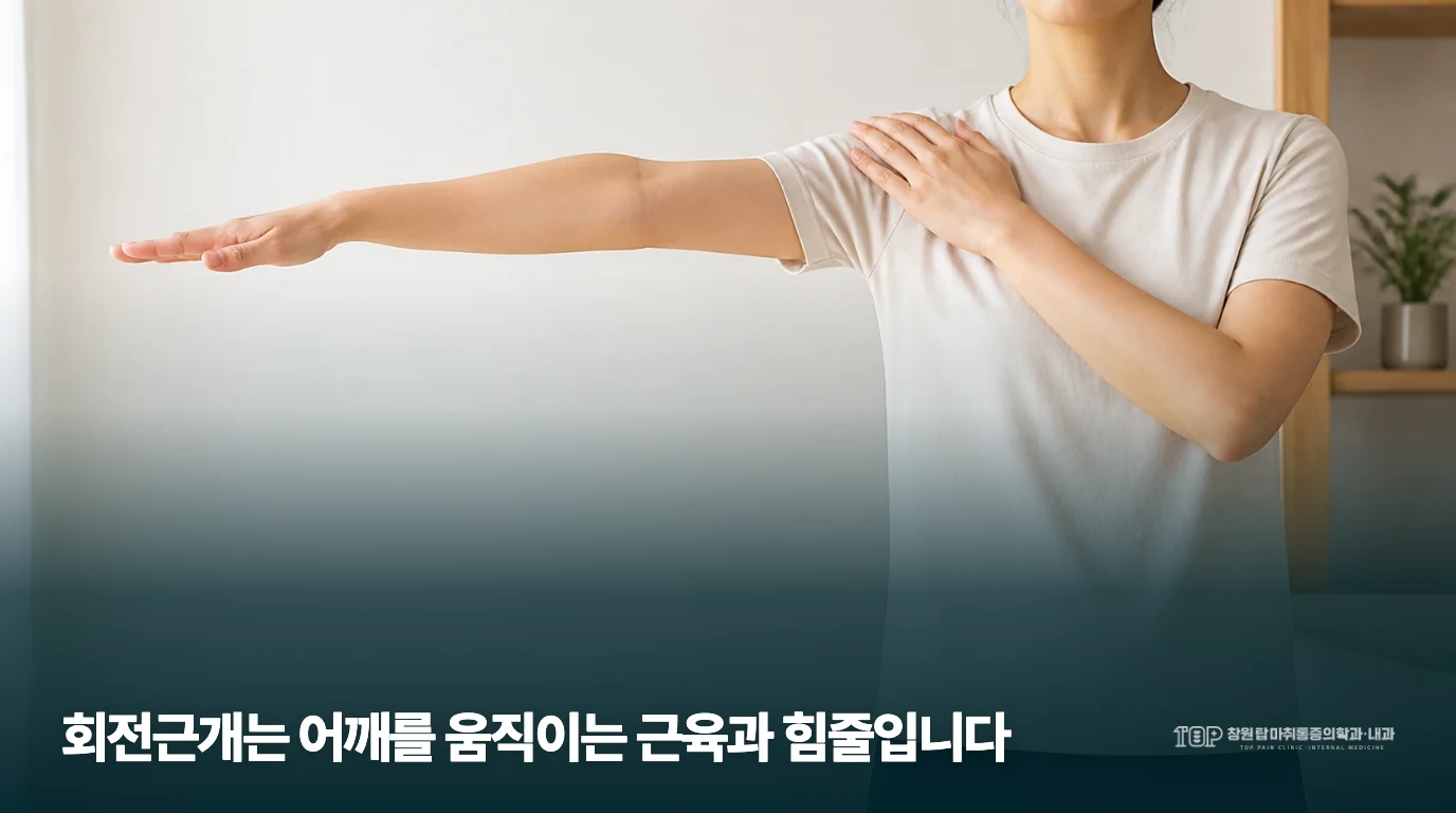 한쪽 팔을 옆으로 들고 반대손을 어깨에 댄 사람