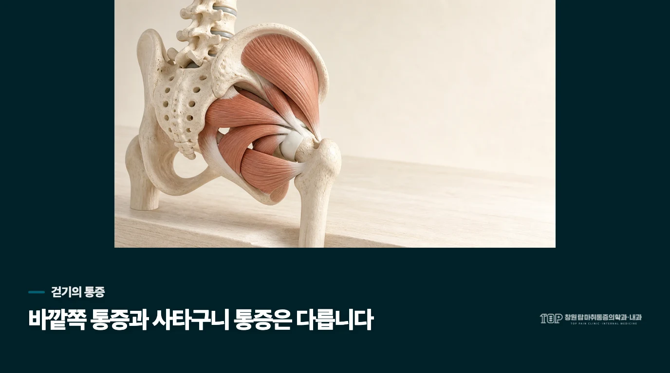 걸을 때 바깥쪽이 아픈지, 사타구니가 아픈지