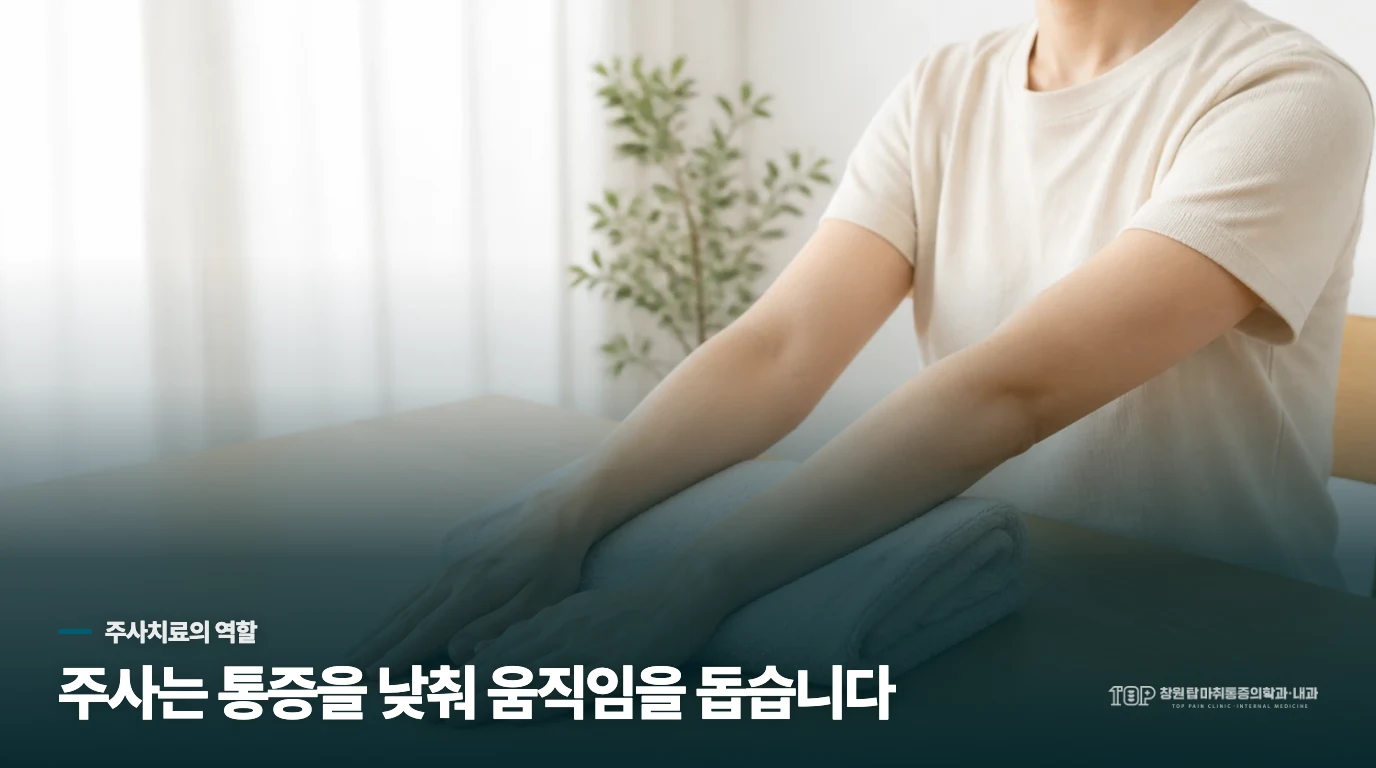주사는 통증을 낮춰 운동을 시작하게 돕습니다