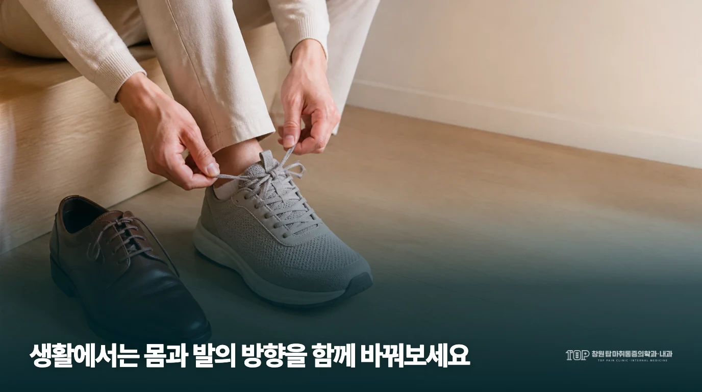 앉아서 운동화 끈을 조절하는 일상 준비 장면