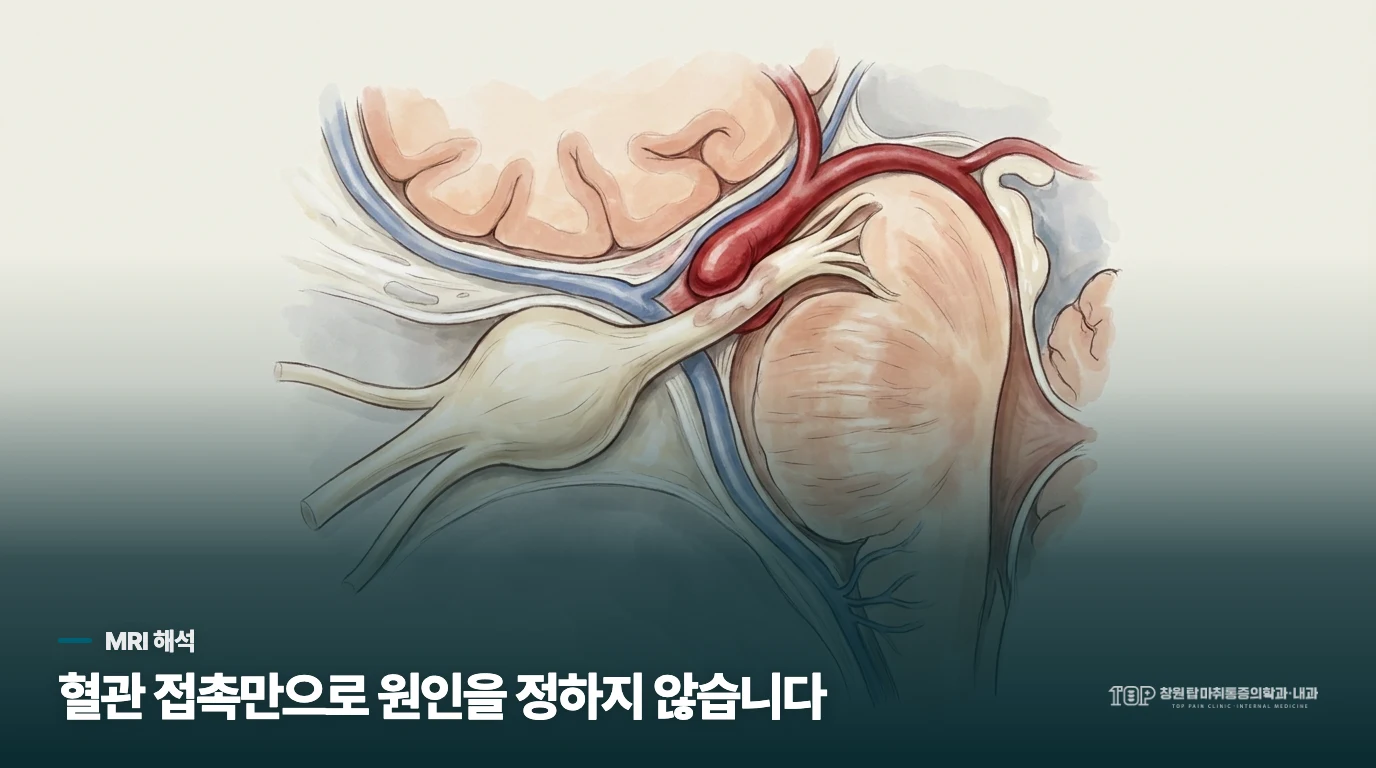 혈관이 삼차신경에 닿았다는 MRI 소견은 원인과 같은 뜻인가요?