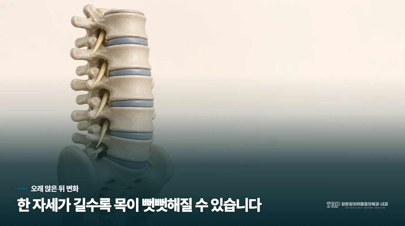 오래 앉은 뒤 목이 아픈 이유는 한 자세가 오래 이어지기 때문입니다