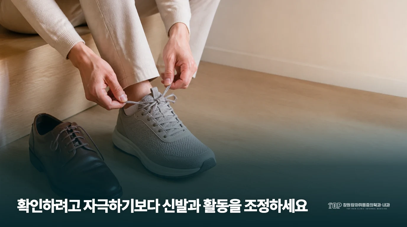 앉아서 운동화 끈을 조절하는 생활 장면
