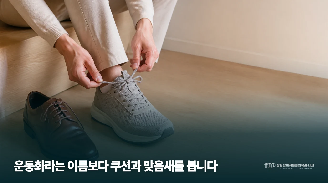 회색 운동화 끈을 조정하며 옆에 구두를 둔 사람의 발