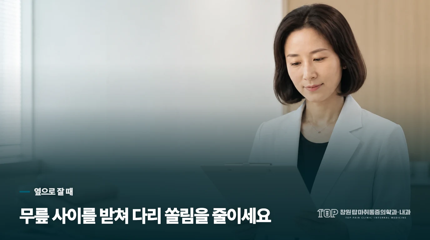 옆으로 잘 때는 무릎 사이를 편하게 받치세요