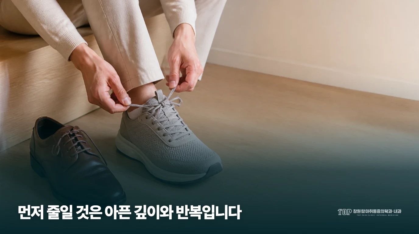 앉아서 운동화 끈을 조절하는 일상 준비 장면