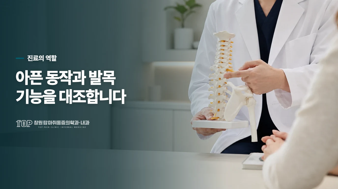 진료에서는 아픈 동작과 발목 기능을 대조합니다