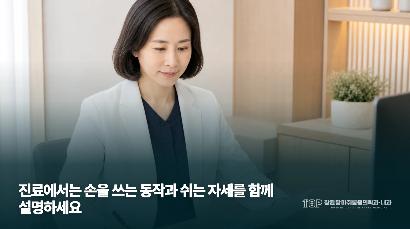 창원탑 의료진이 책상에서 진료 기록을 작성하는 모습