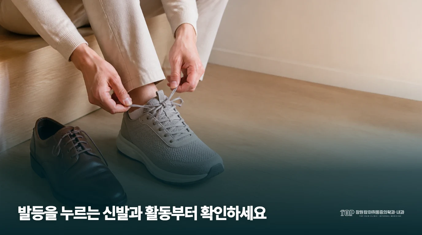 의자에 앉아 운동화 끈을 조절하는 손 모습